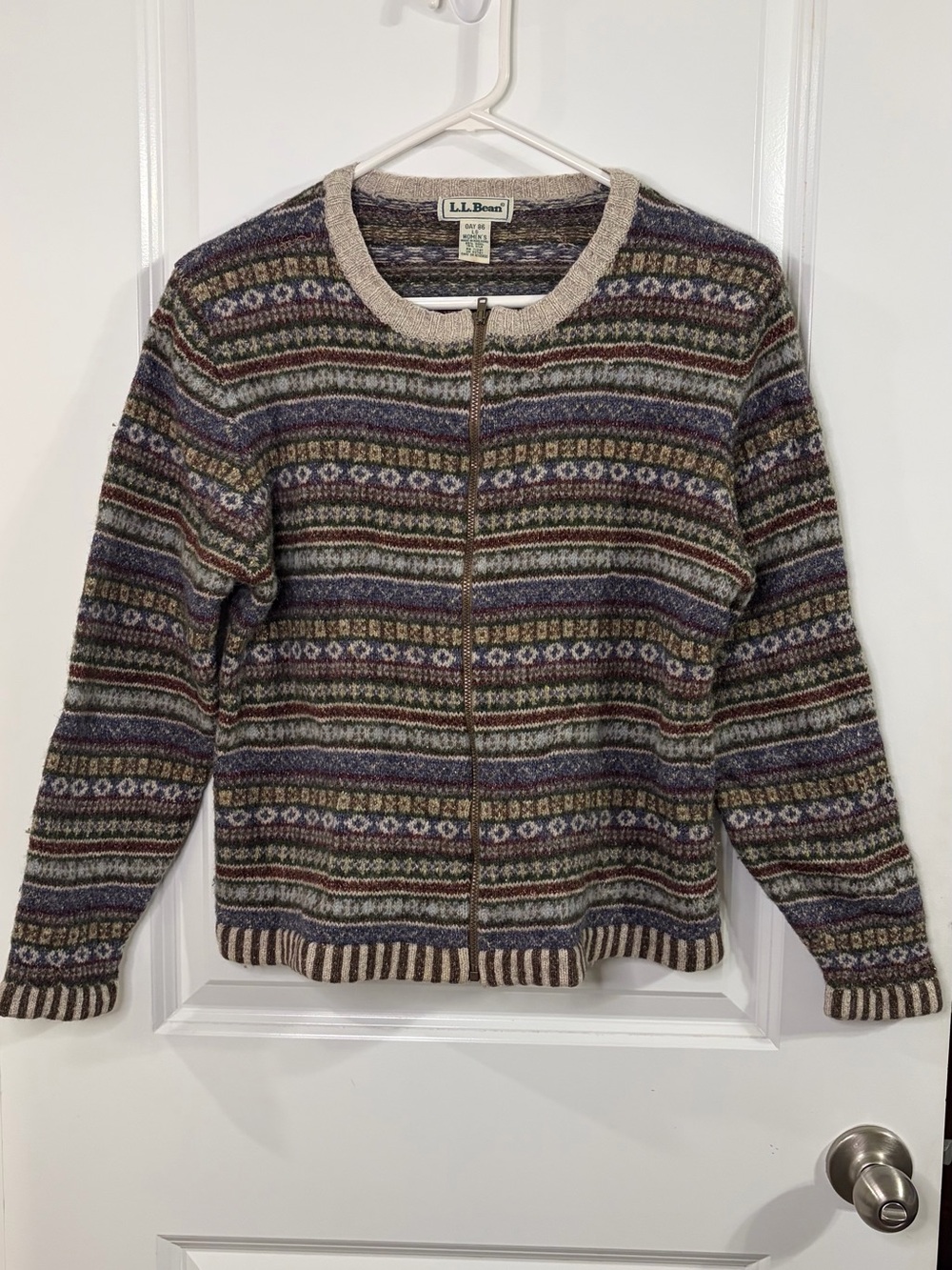 Vintage LL Bean Wool/Silk Cardigan Womens Large Fair Isle Full Zip Knit Sweater